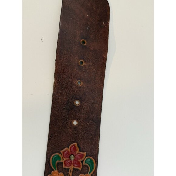 Leather Belt M Brown Floral Boho Studded 2.5" wide Tooled Leather Brass Buckle - Picture 8 of 16